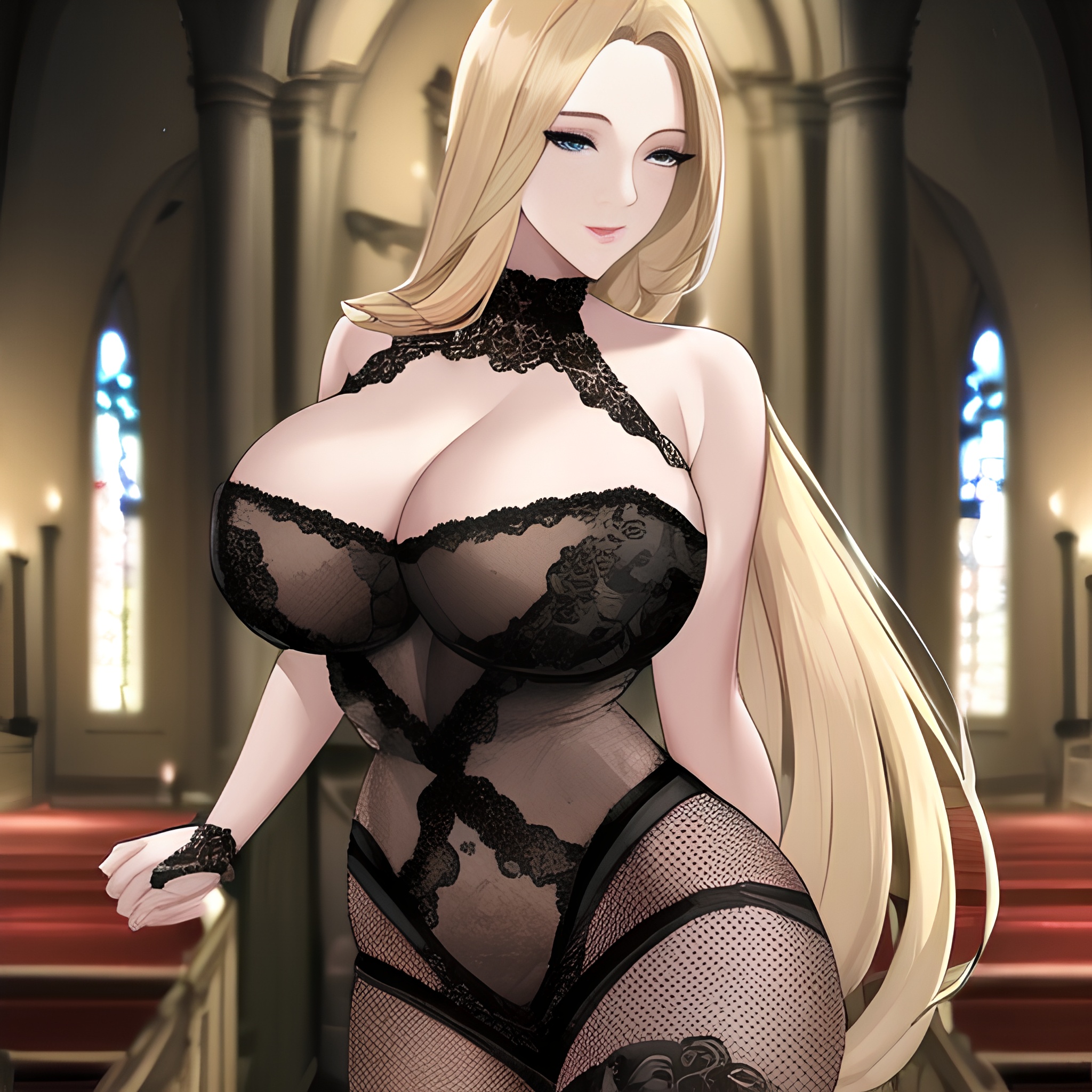 fishnet blonde woman nude church small boobs long hair front view 