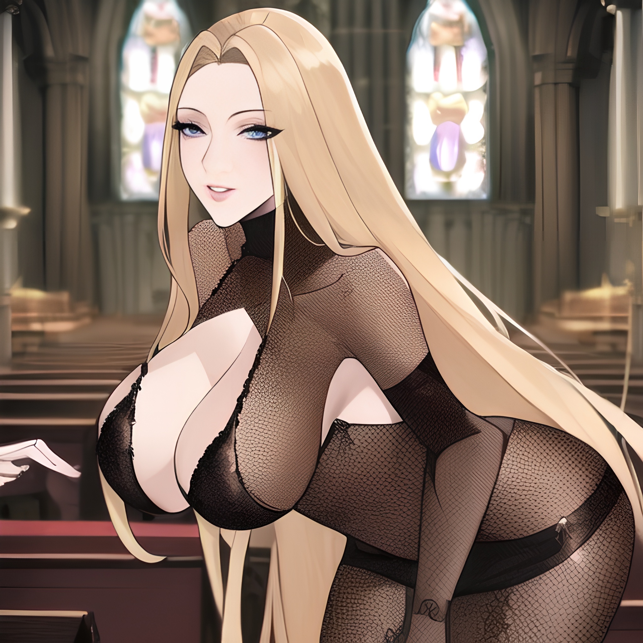 fishnet blonde woman small boobs front view long hair church nude 
