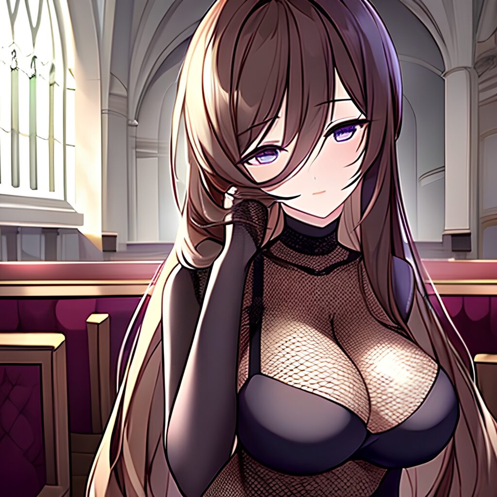 fishnet brunette church long hair messy hair woman 