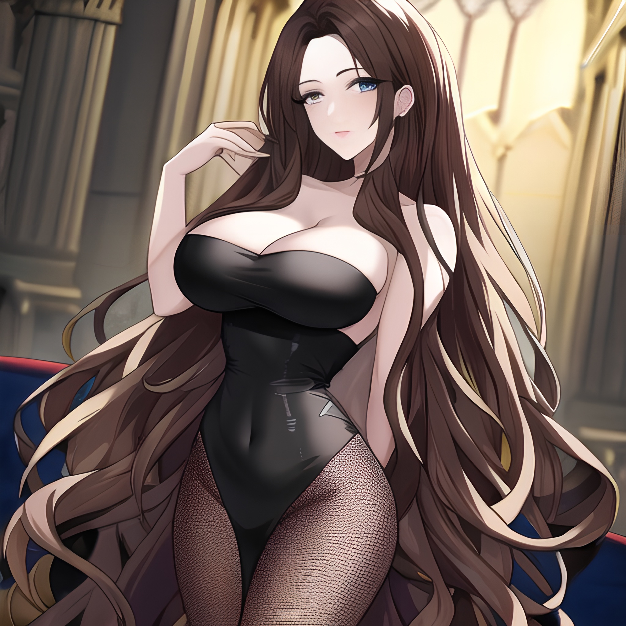 fishnet brunette church long hair woman messy hair 