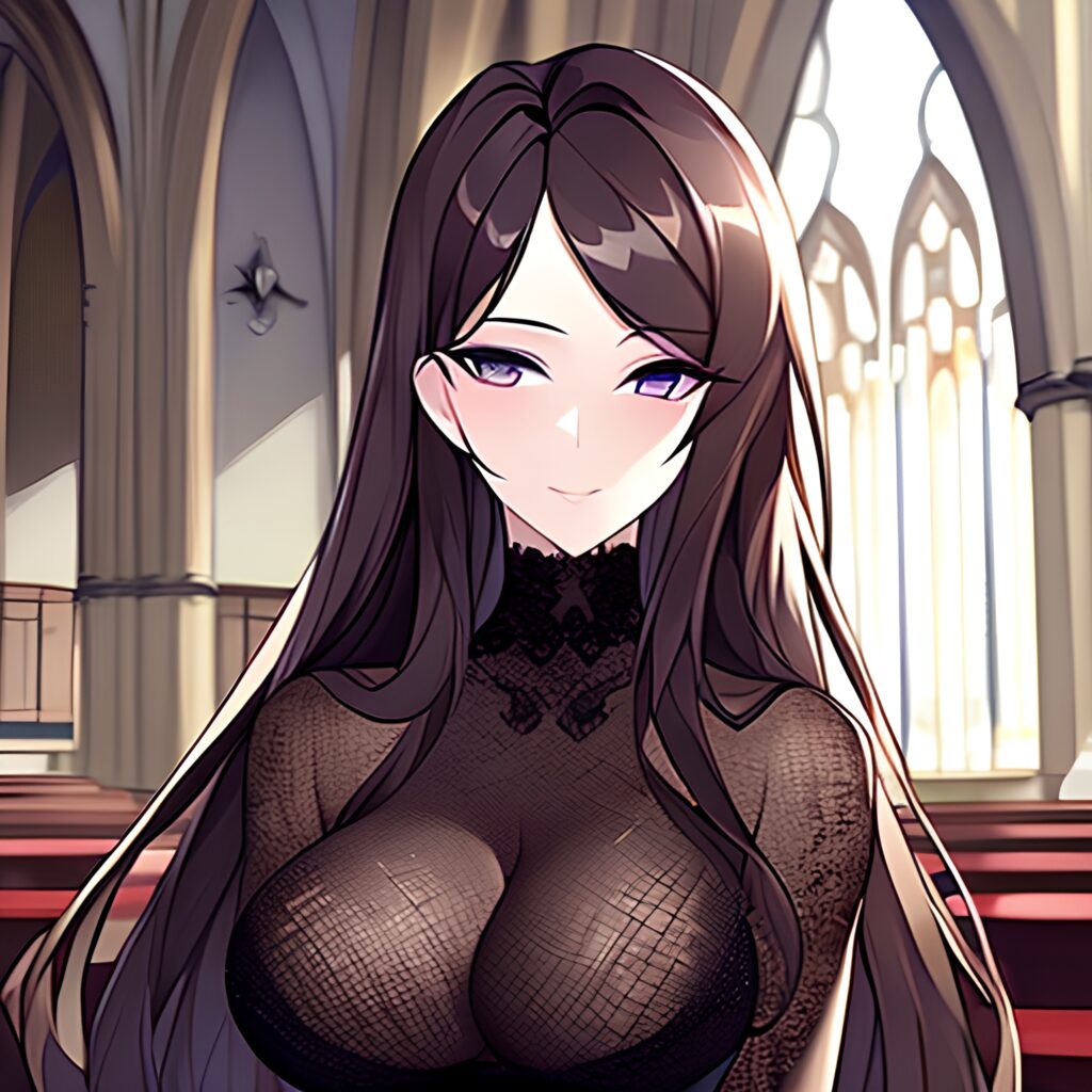 fishnet brunette church messy hair long hair woman 