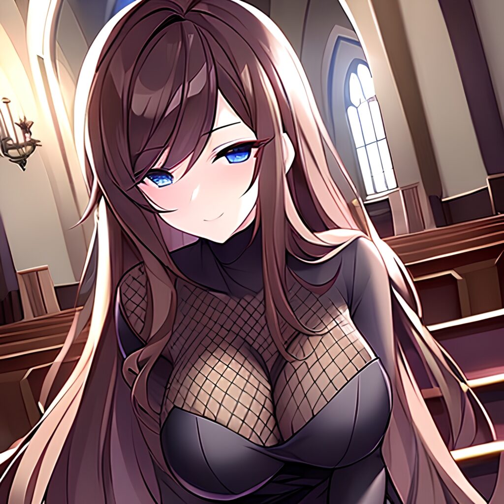 fishnet brunette church messy hair long hair woman 