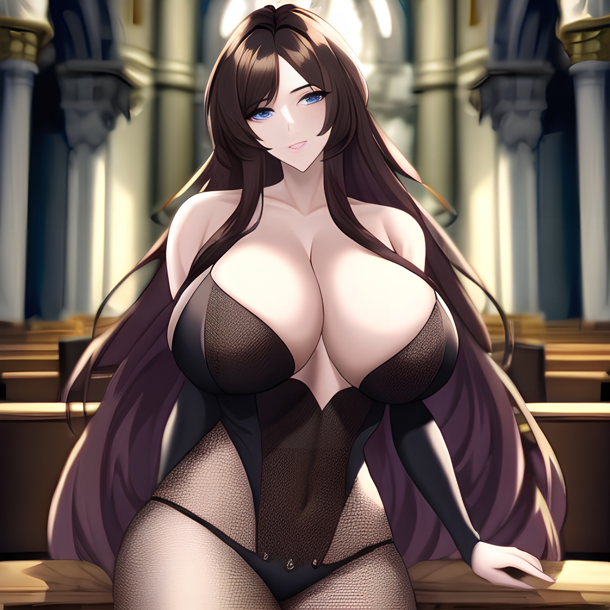 fishnet brunette church messy hair long hair woman 