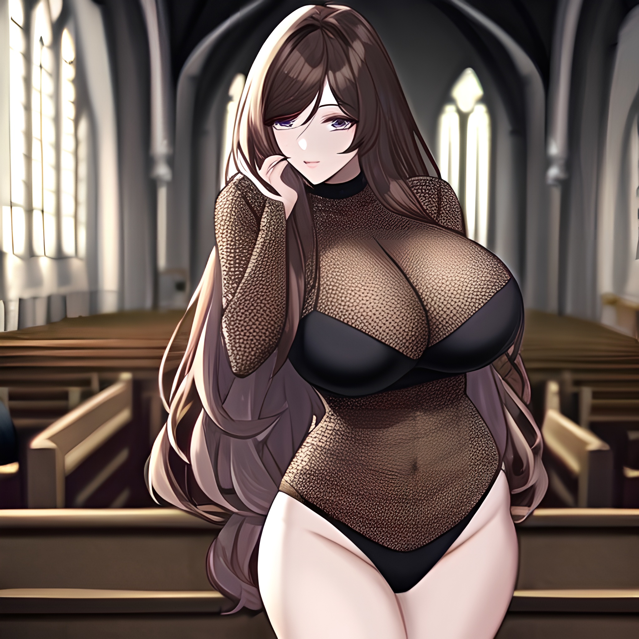 fishnet brunette church messy hair long hair woman 