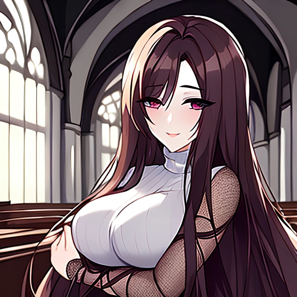 fishnet brunette church messy hair long hair woman 