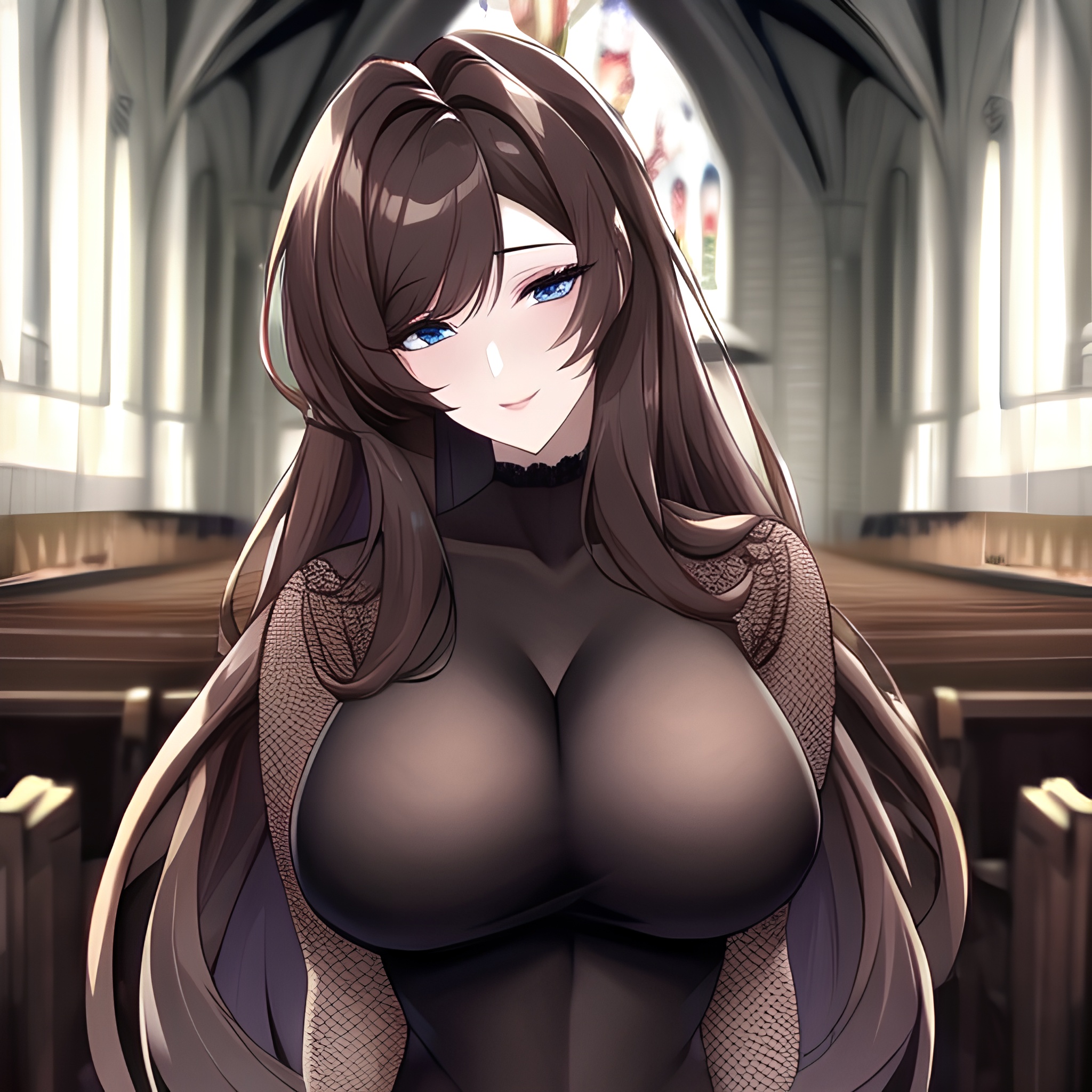 fishnet brunette church woman long hair messy hair 