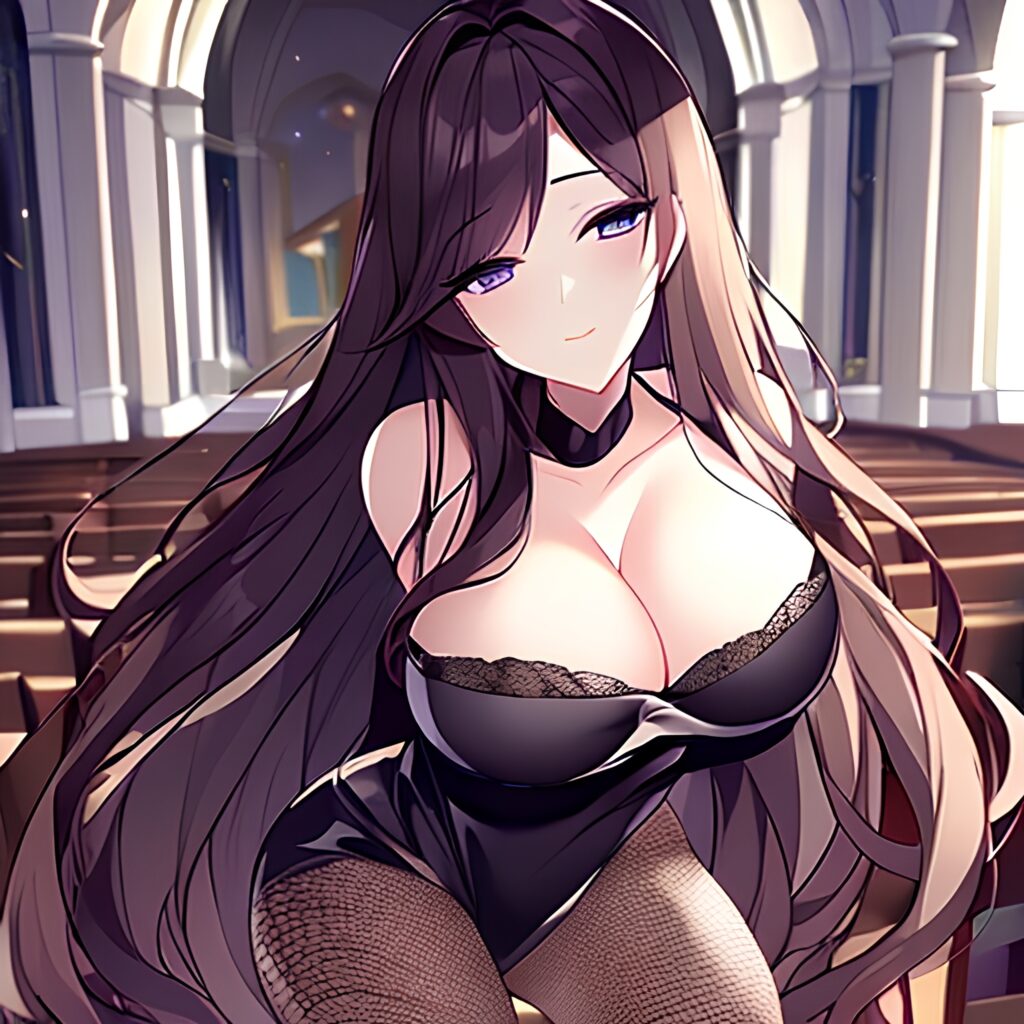 fishnet brunette church woman long hair messy hair 