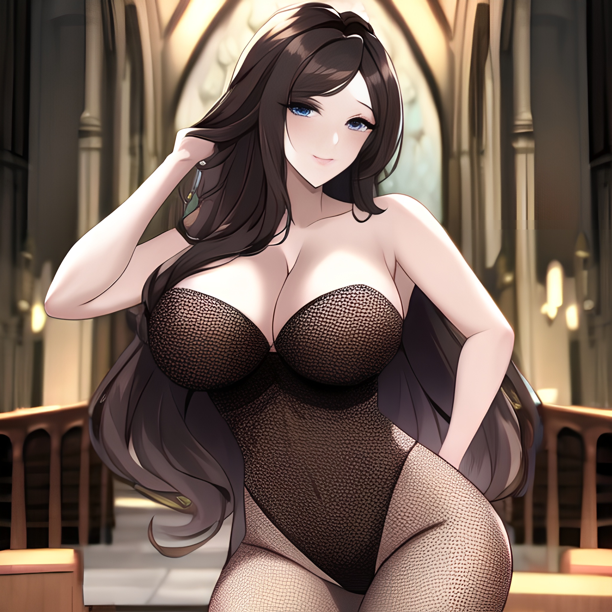 fishnet brunette church woman long hair messy hair 