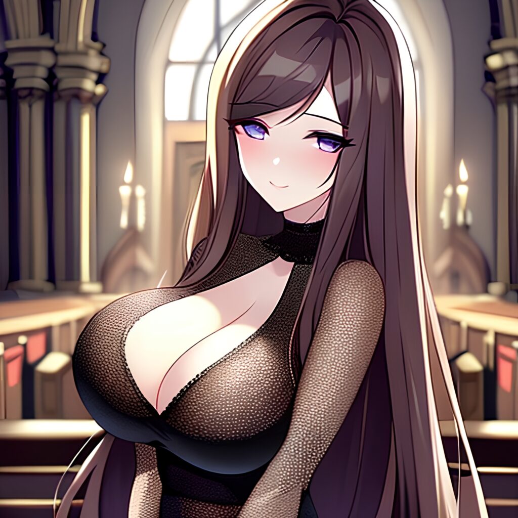 fishnet brunette church woman long hair messy hair 