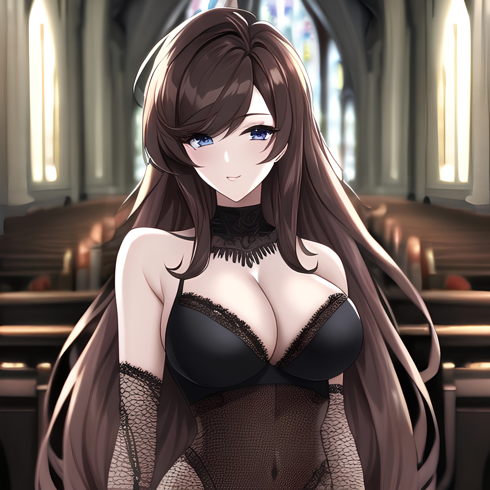 fishnet brunette church woman messy hair long hair 
