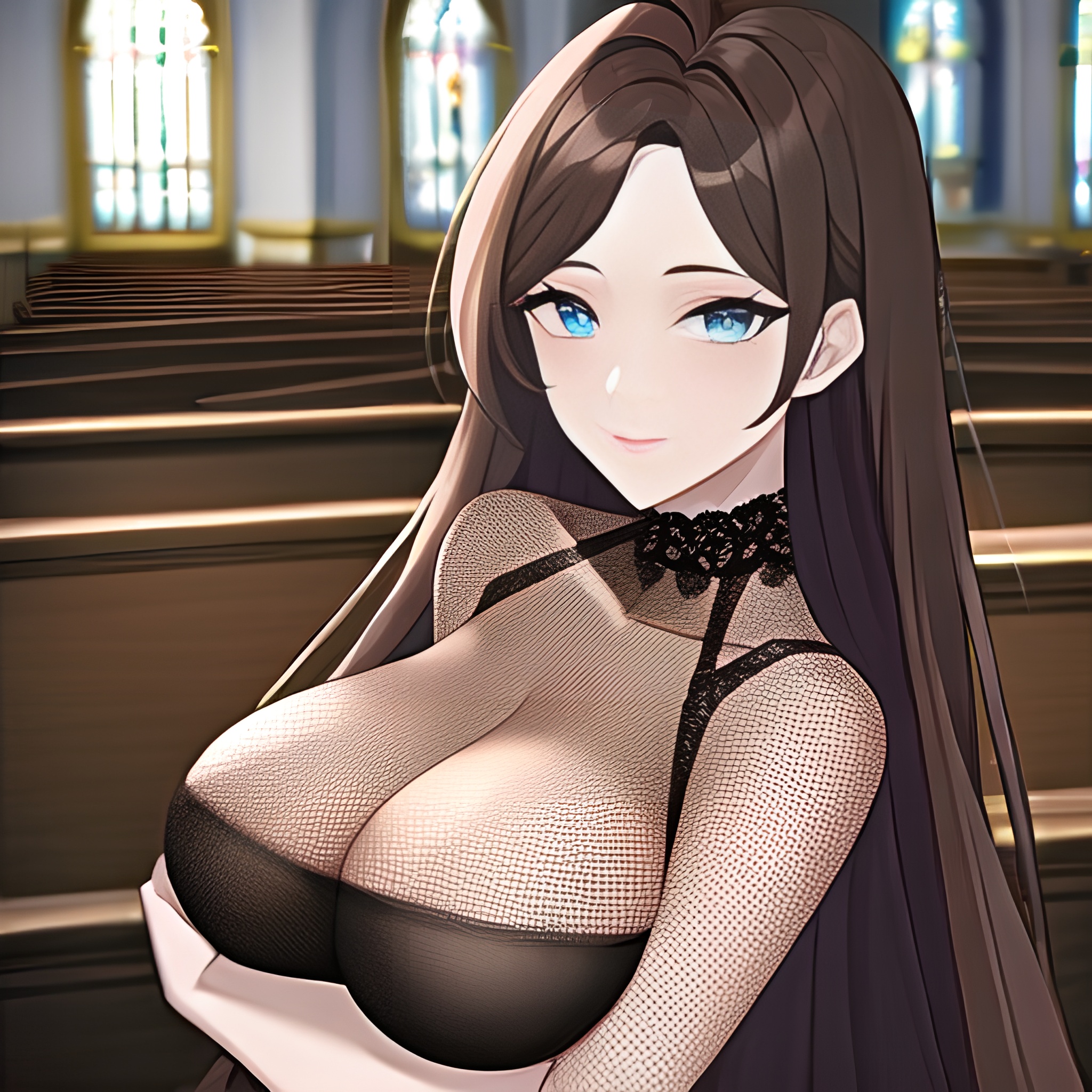 fishnet brunette church woman messy hair long hair 