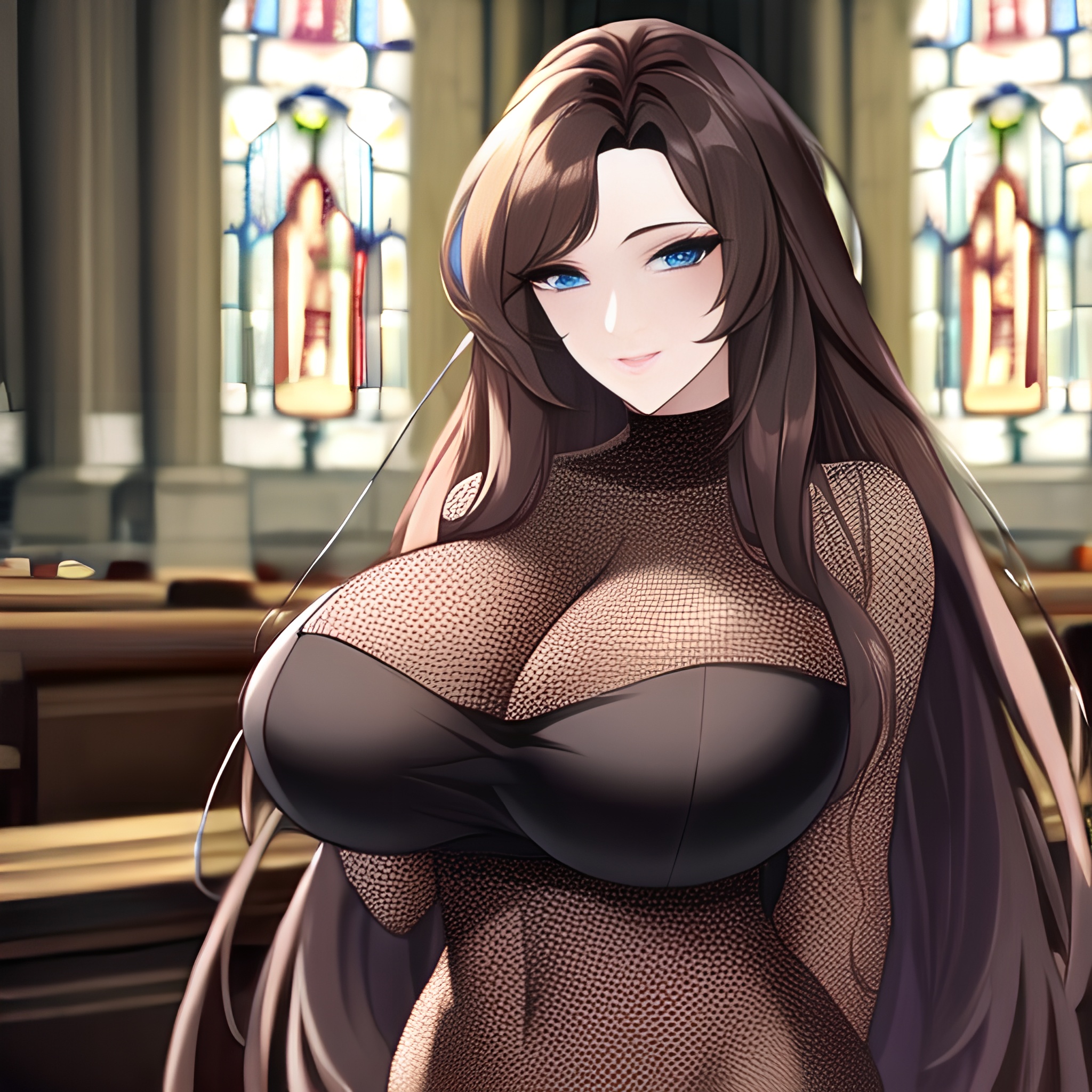 fishnet brunette church woman messy hair long hair 