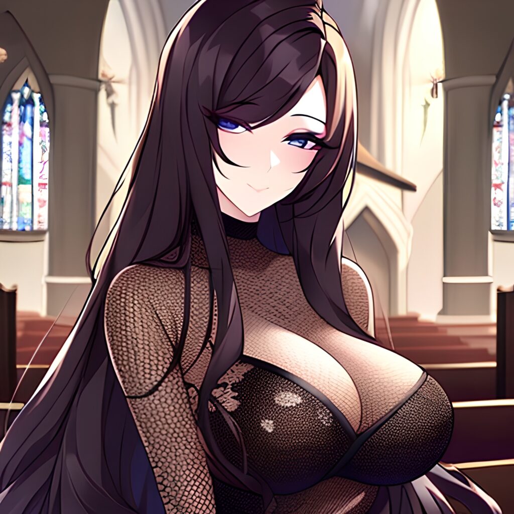 fishnet brunette church woman messy hair long hair 