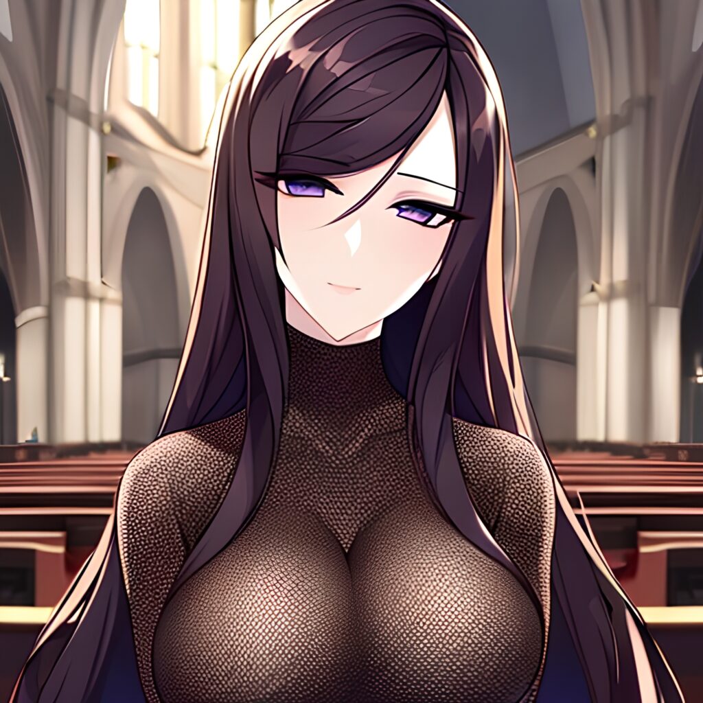 fishnet brunette church woman messy hair long hair 