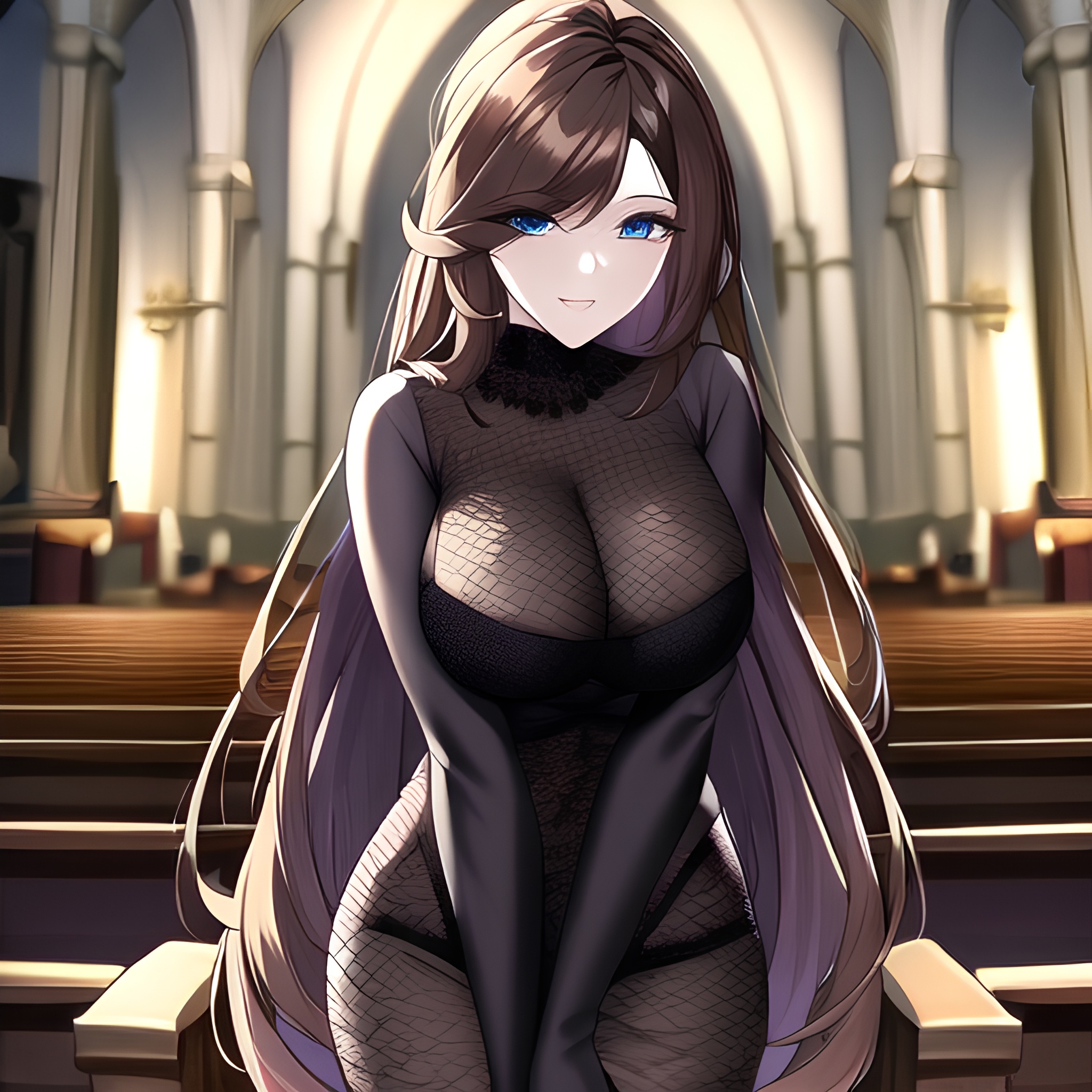 fishnet brunette long hair church messy hair woman 