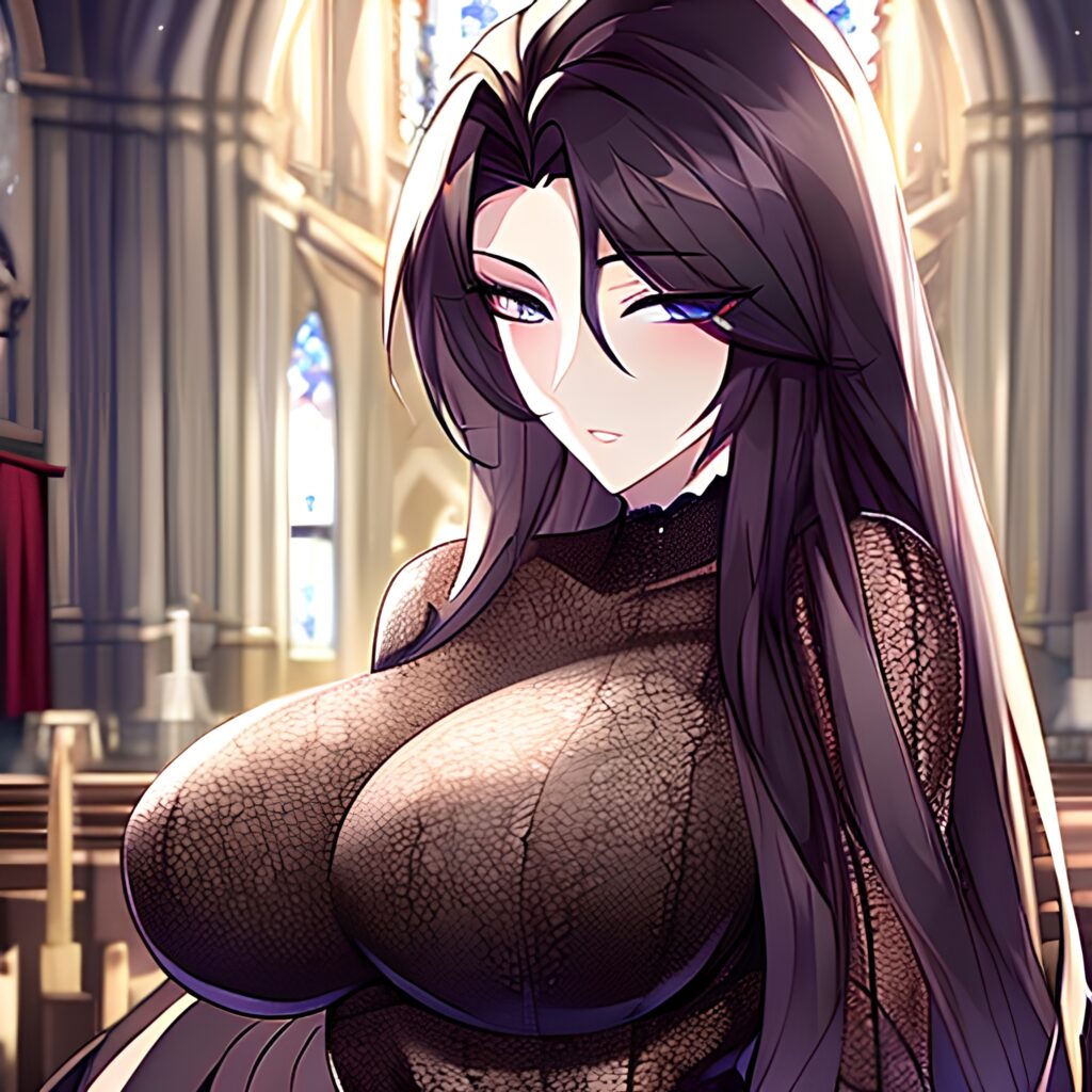 fishnet brunette long hair church messy hair woman