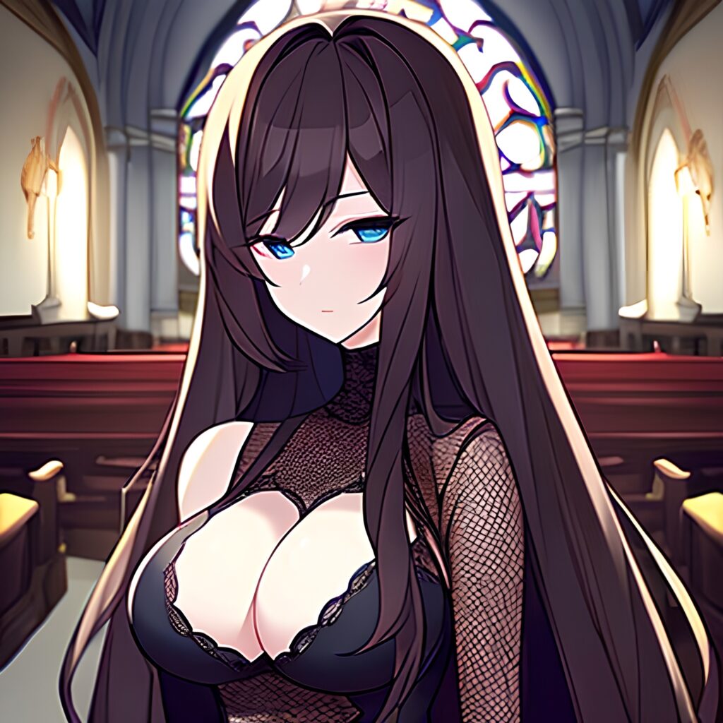 fishnet brunette long hair church woman messy hair 