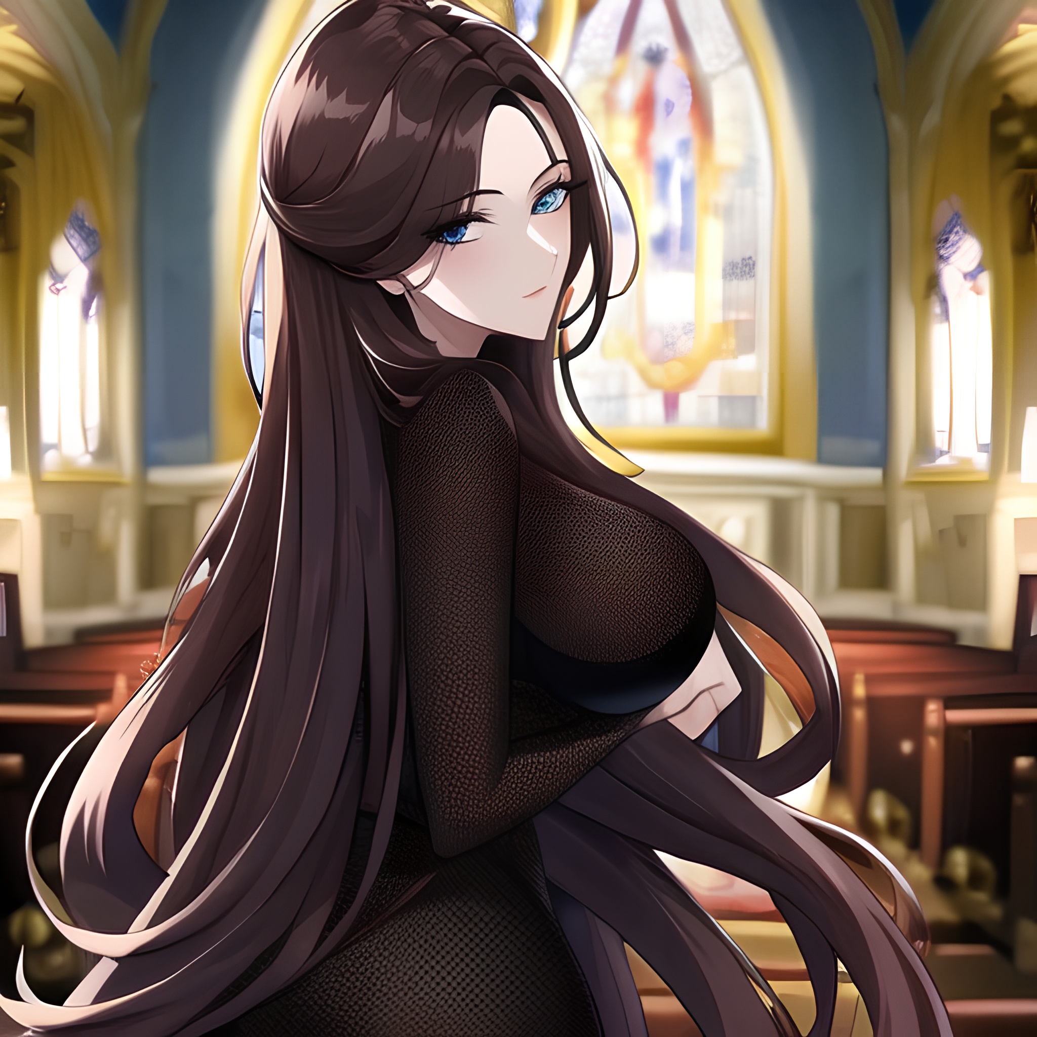 fishnet brunette long hair church woman messy hair 