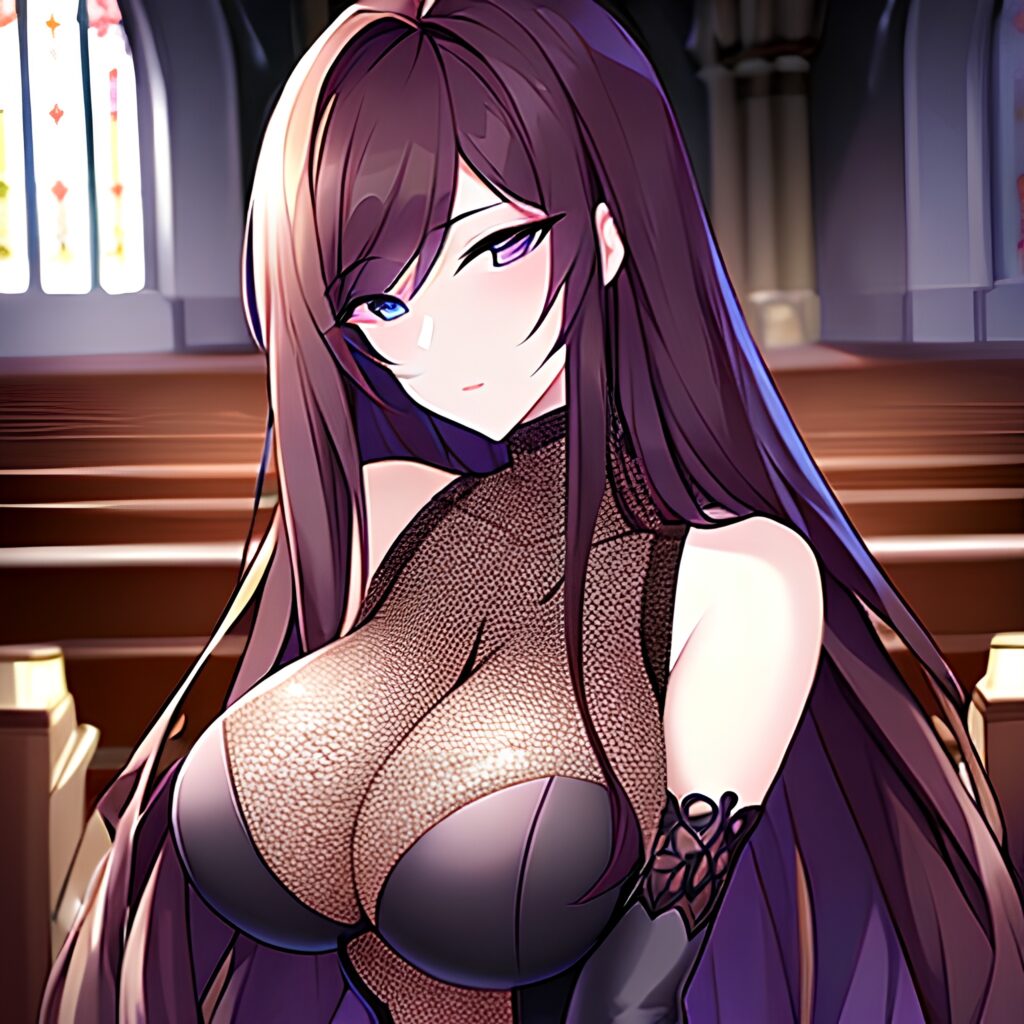 fishnet brunette long hair messy hair church woman 