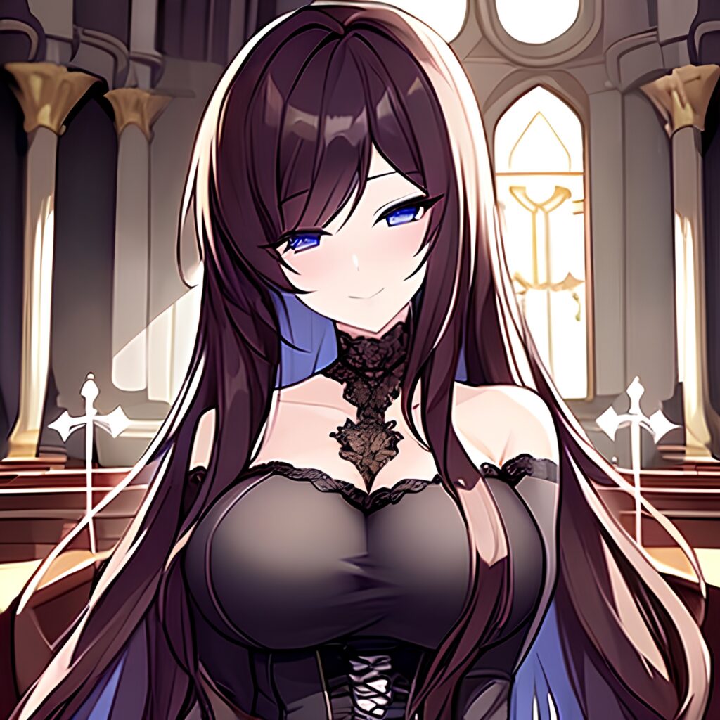 fishnet brunette long hair messy hair church woman 