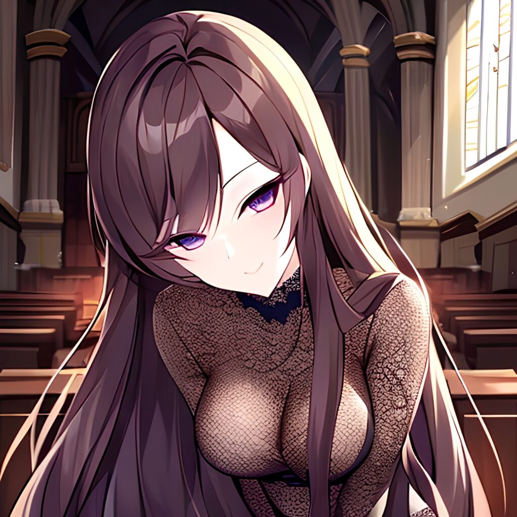 fishnet brunette long hair messy hair church woman 