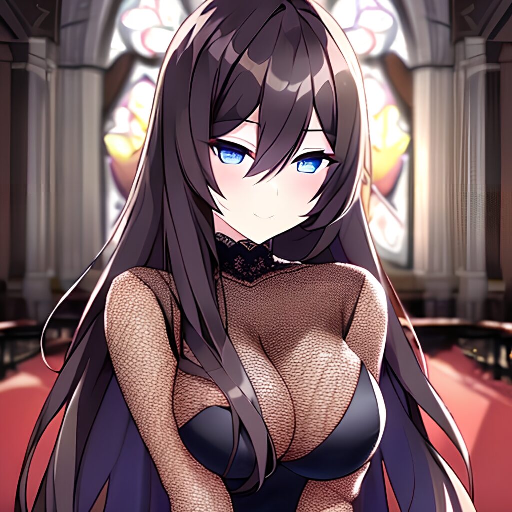 fishnet brunette long hair messy hair church woman 