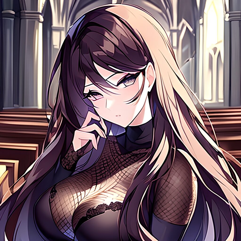 fishnet brunette long hair messy hair woman church 