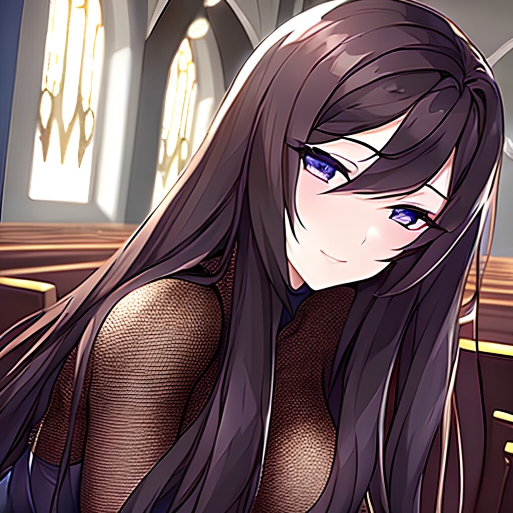 fishnet brunette long hair messy hair woman church 