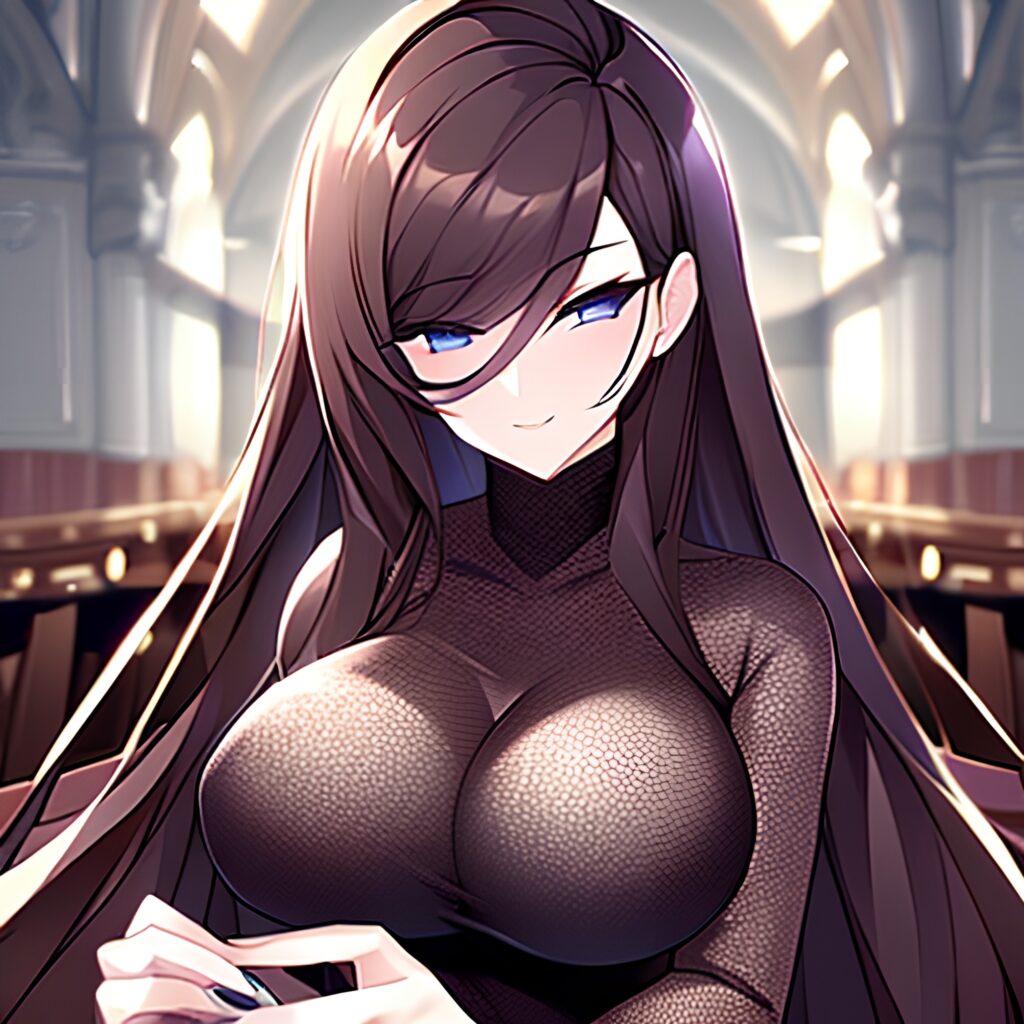 fishnet brunette long hair messy hair woman church 