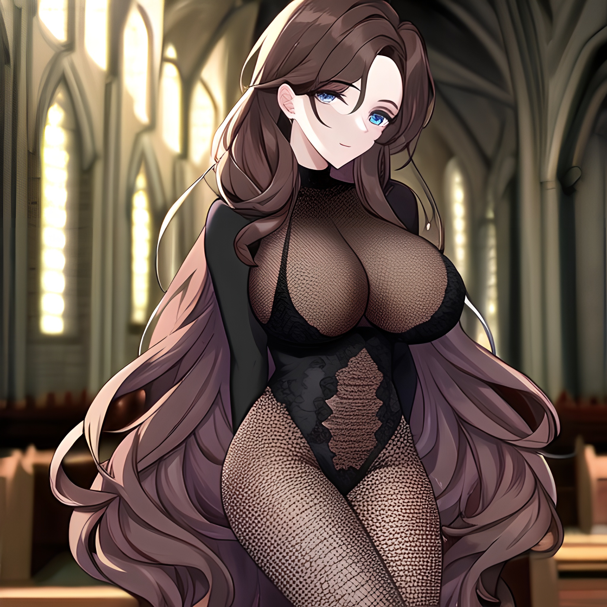 fishnet brunette long hair messy hair woman church 