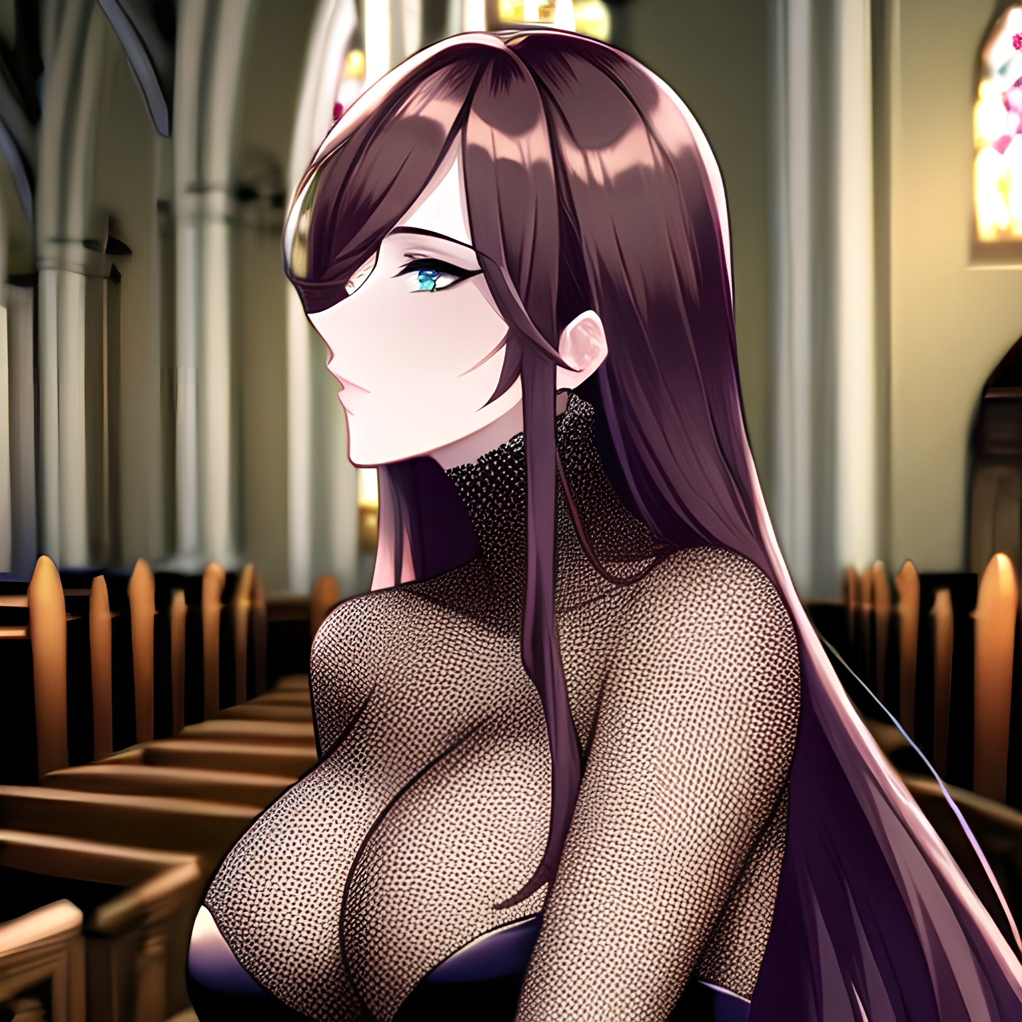 fishnet brunette long hair woman church messy hair 