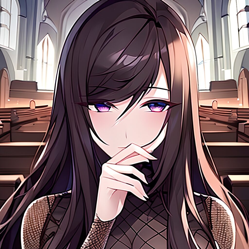 fishnet brunette long hair woman church messy hair 