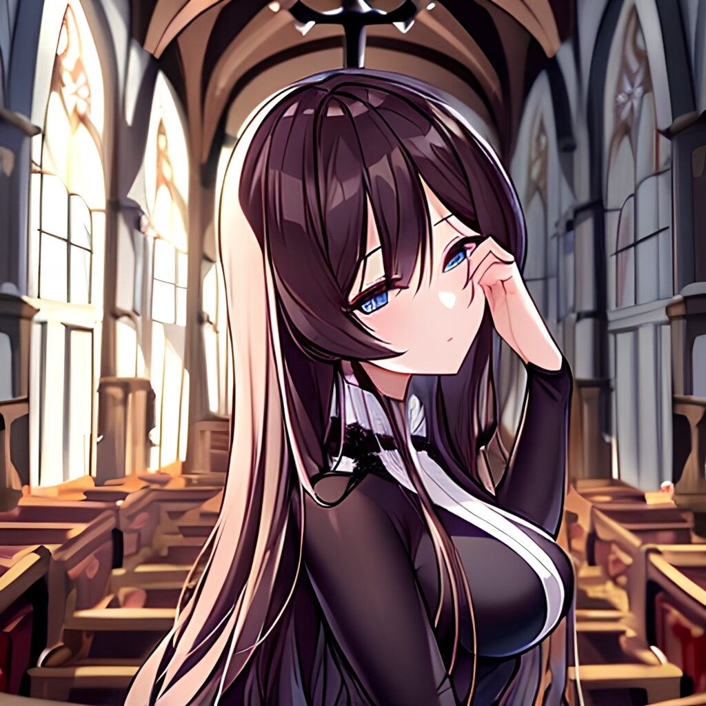 fishnet brunette long hair woman messy hair church 