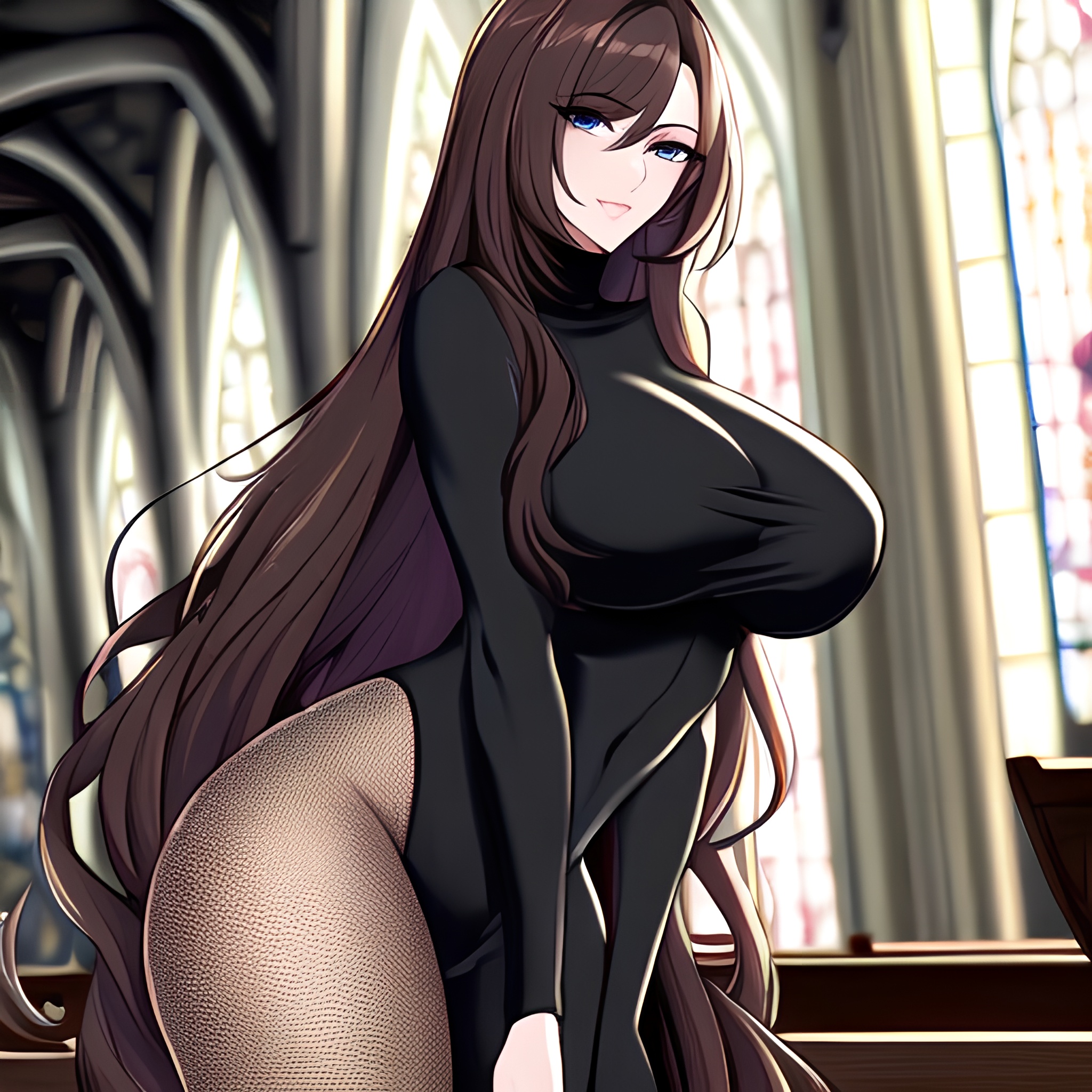 fishnet brunette long hair woman messy hair church 