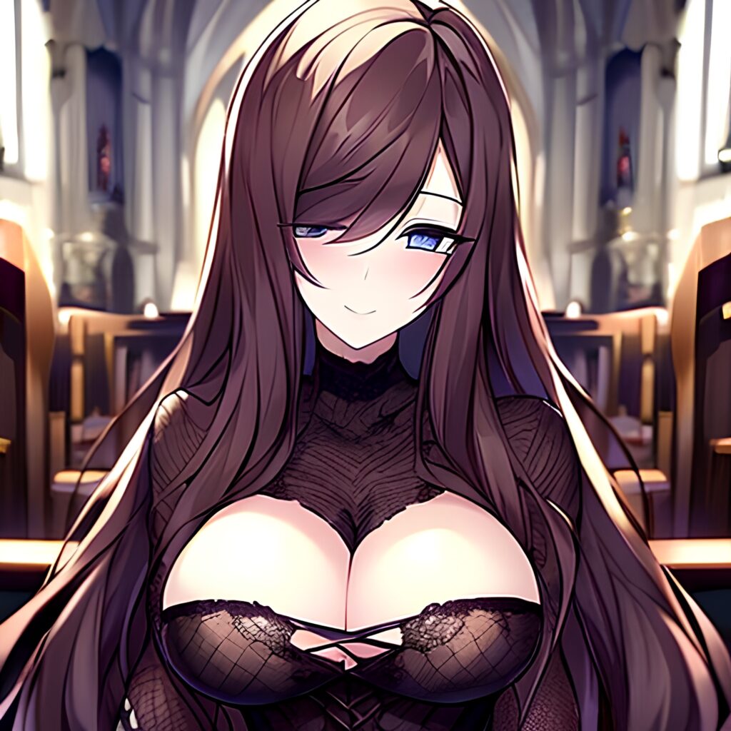 fishnet brunette messy hair church long hair woman 