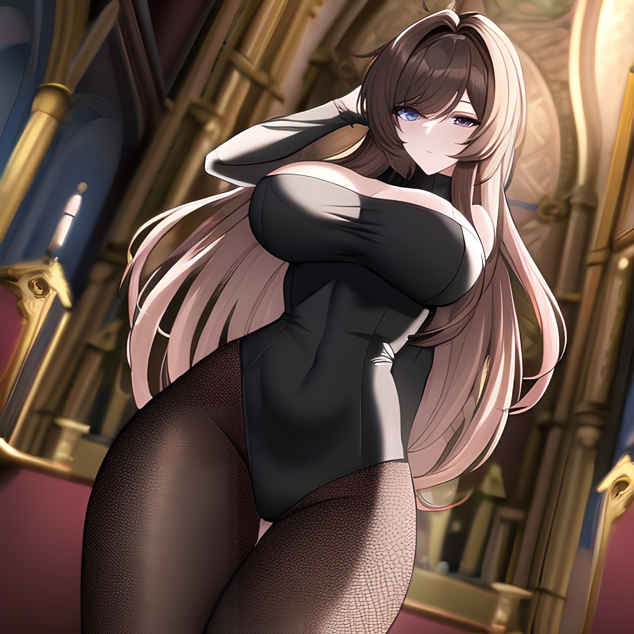 fishnet brunette messy hair church long hair woman 