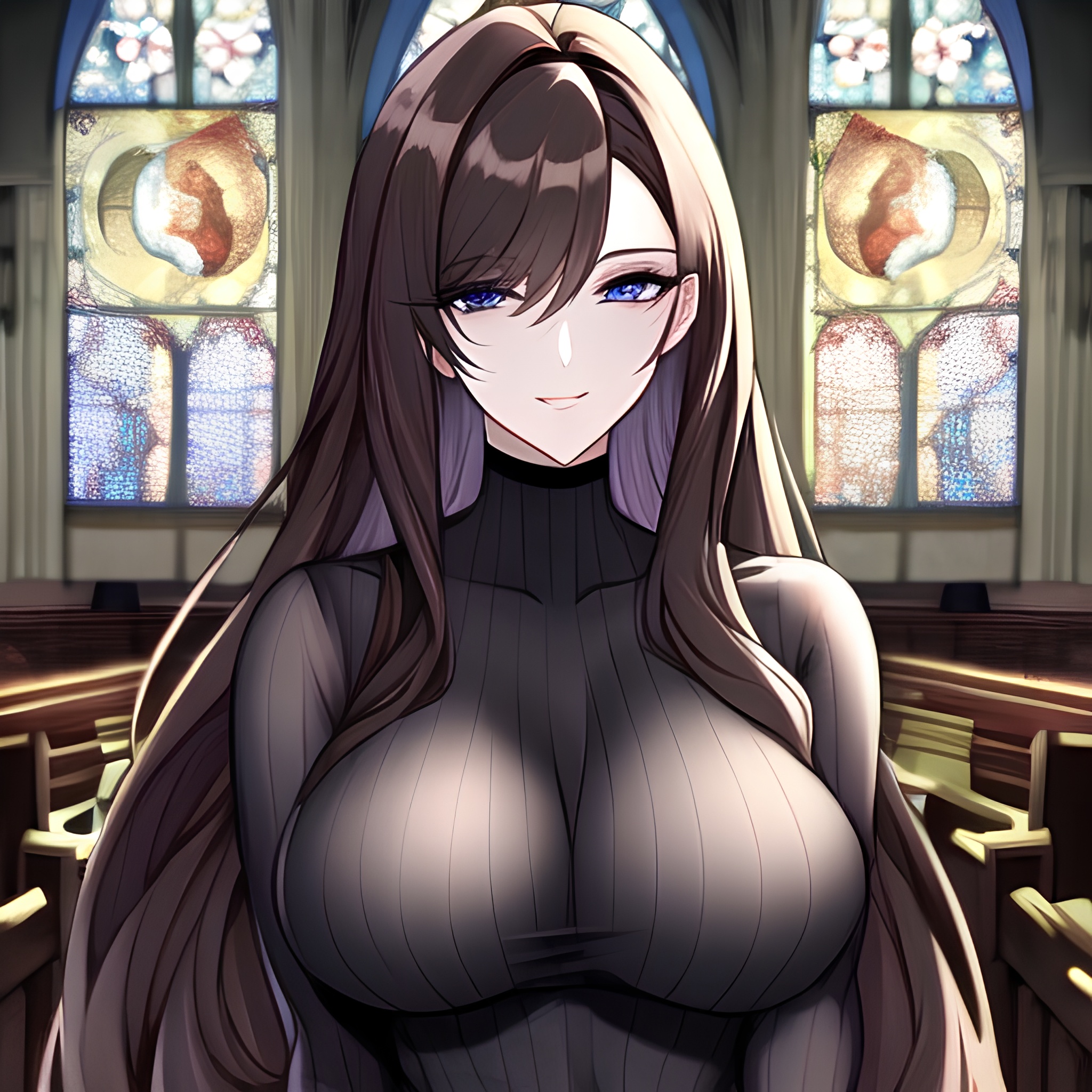 fishnet brunette messy hair church long hair woman 