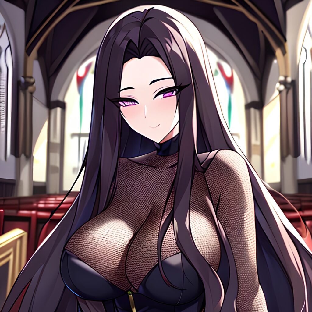 fishnet brunette messy hair church woman long hair 