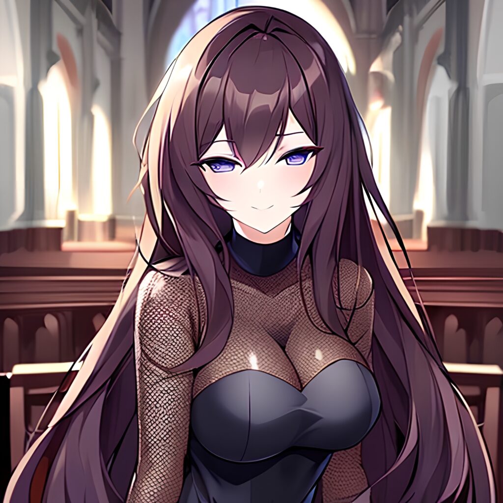 fishnet brunette messy hair church woman long hair 