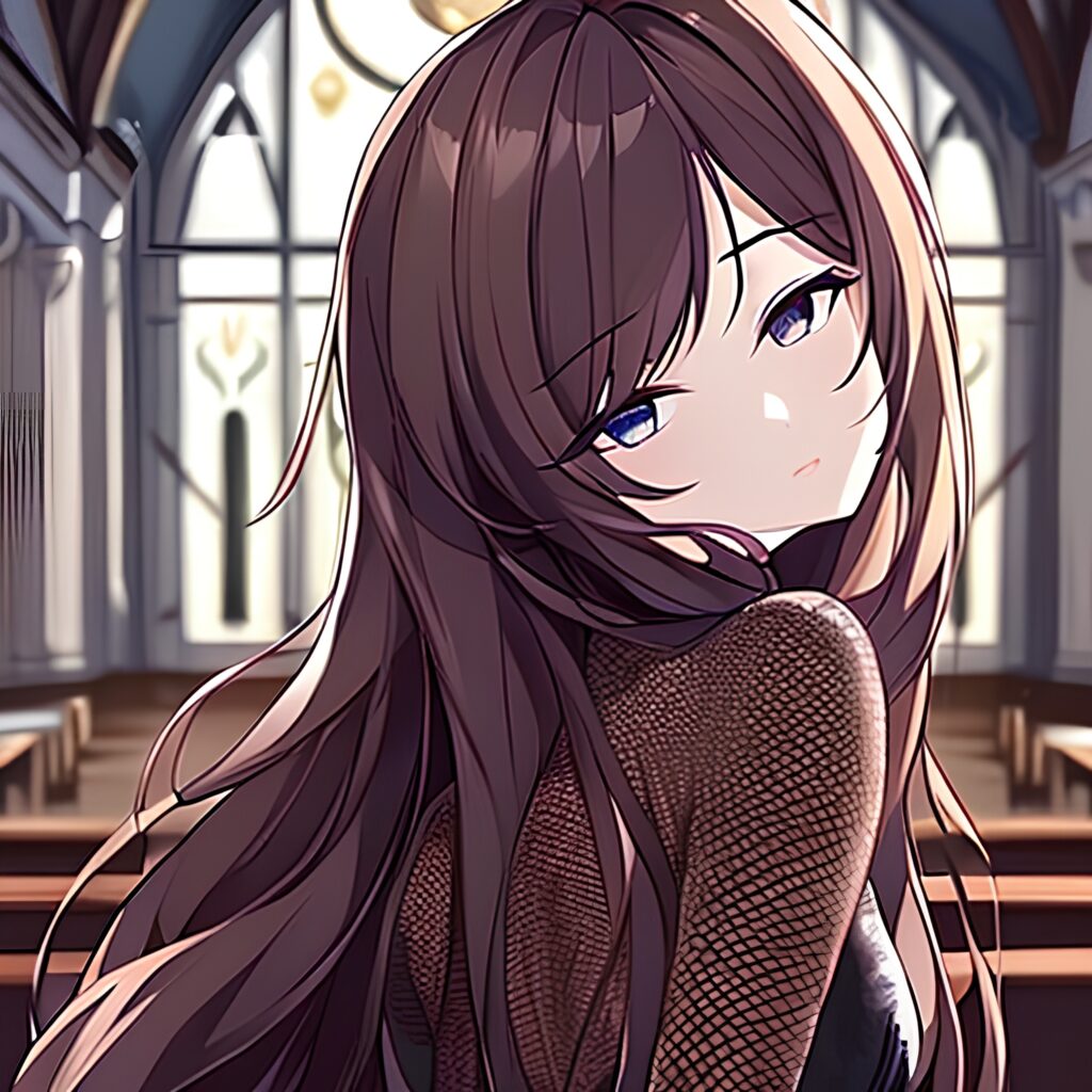 fishnet brunette messy hair church woman long hair 