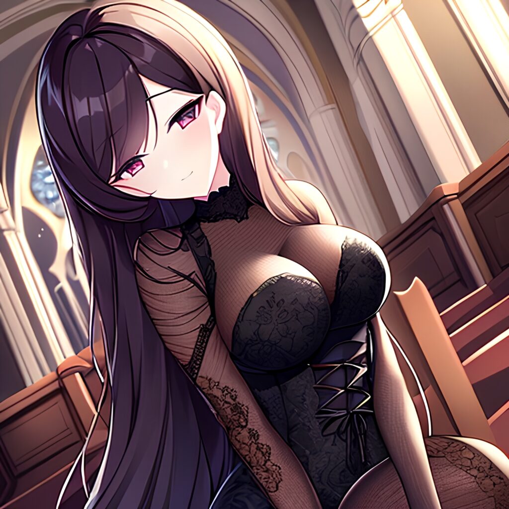 fishnet brunette messy hair long hair church woman 