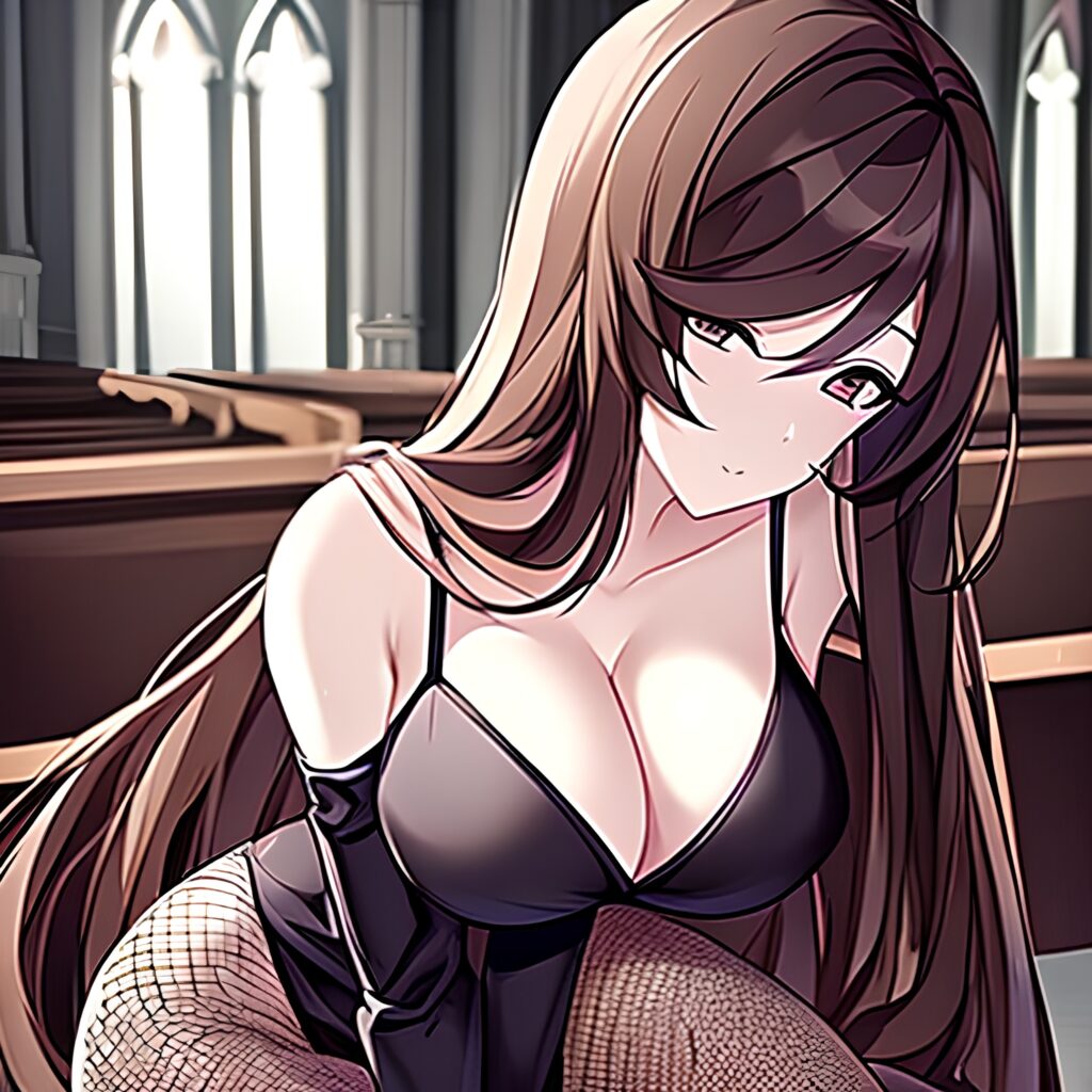 fishnet brunette messy hair long hair church woman 