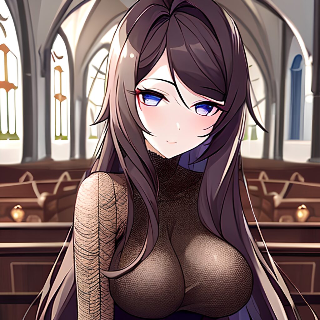 fishnet brunette messy hair long hair church woman 