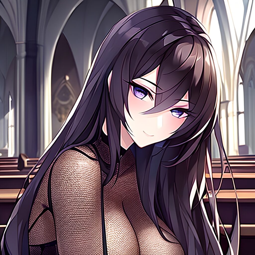 fishnet brunette messy hair long hair church woman 