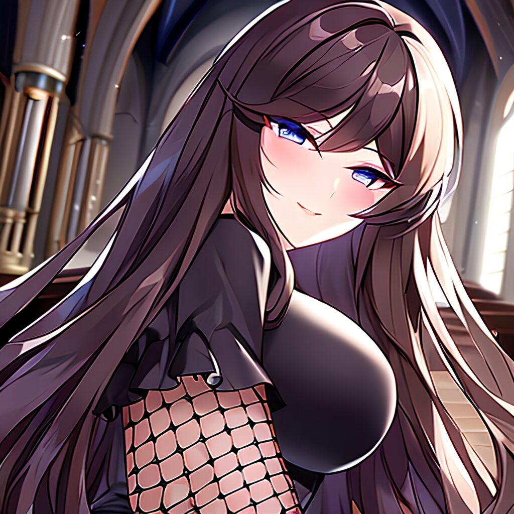 fishnet brunette messy hair long hair church woman 