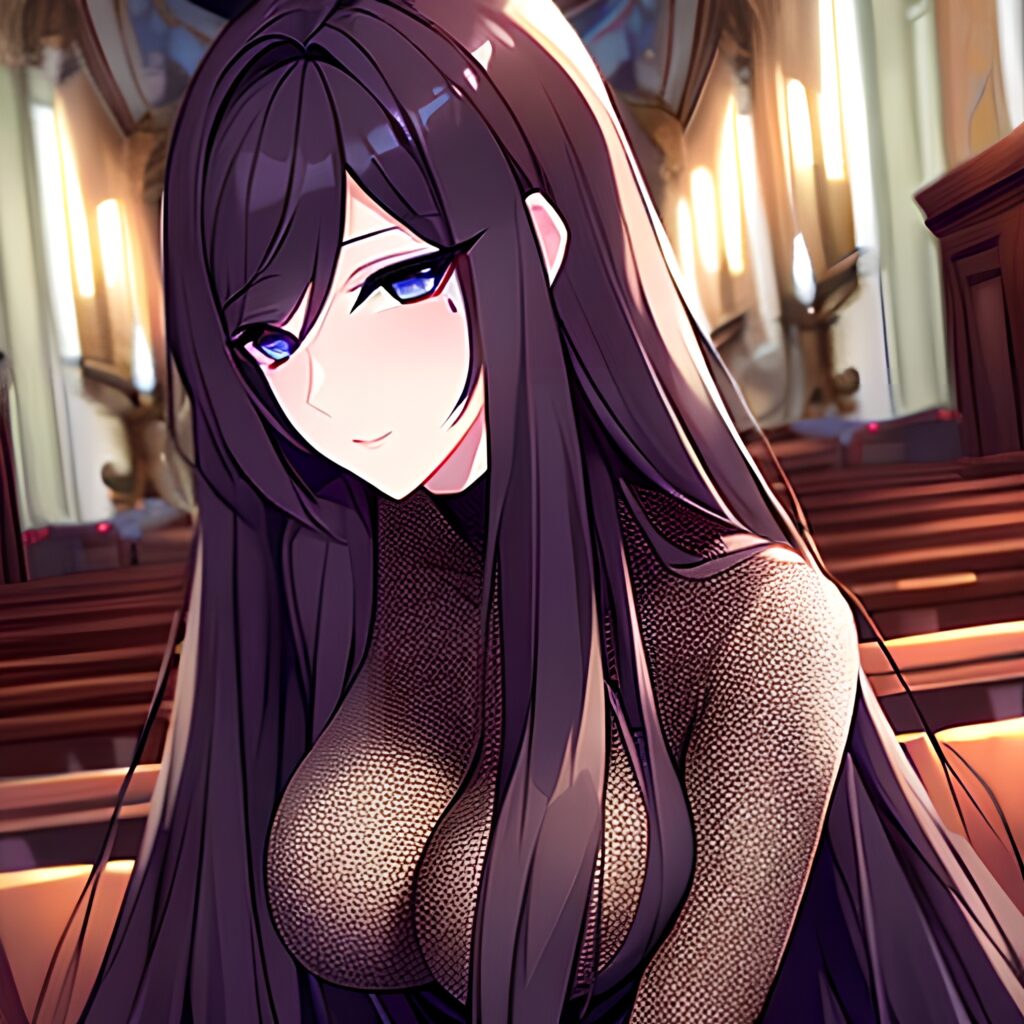 fishnet brunette messy hair long hair church woman 