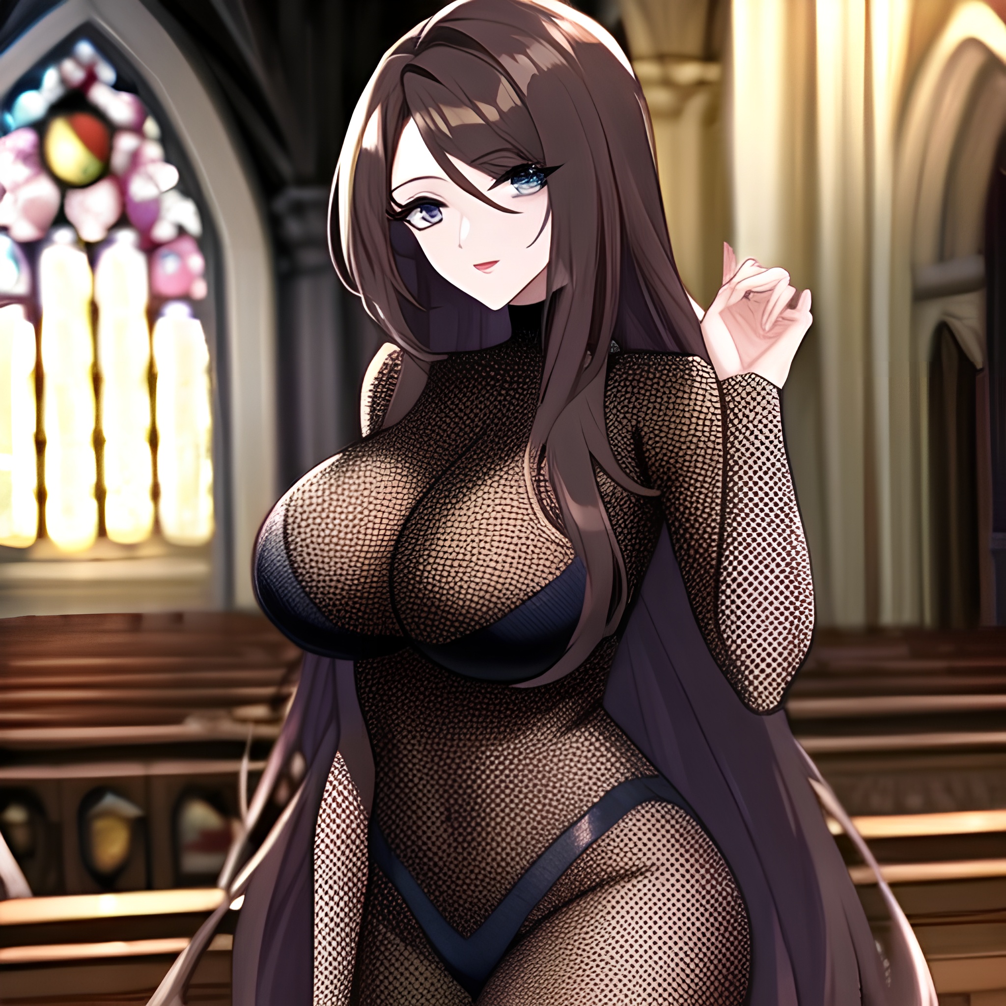 fishnet brunette messy hair long hair church woman