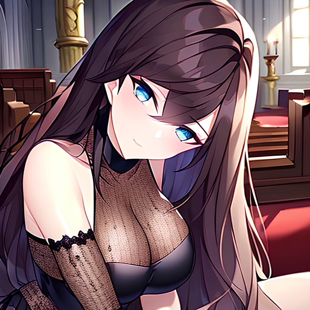 fishnet brunette messy hair long hair woman church 