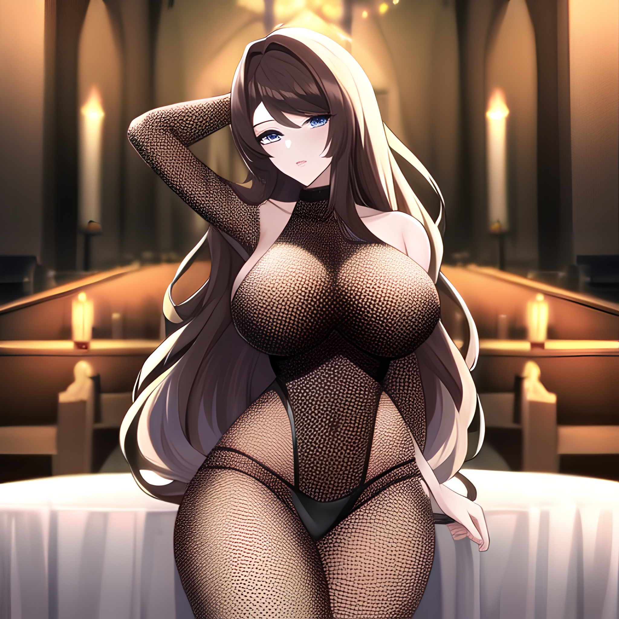 fishnet brunette messy hair long hair woman church 