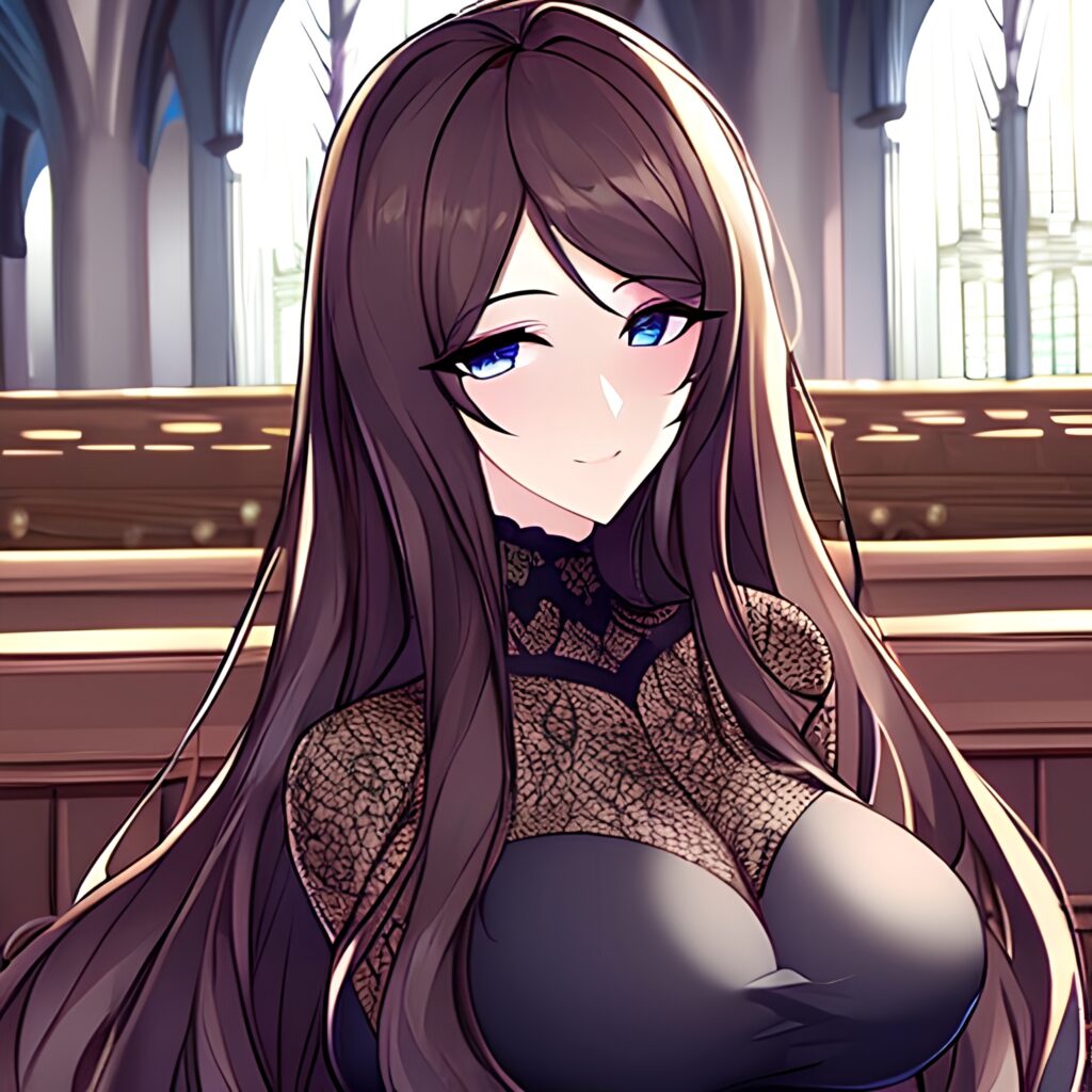 fishnet brunette messy hair long hair woman church 